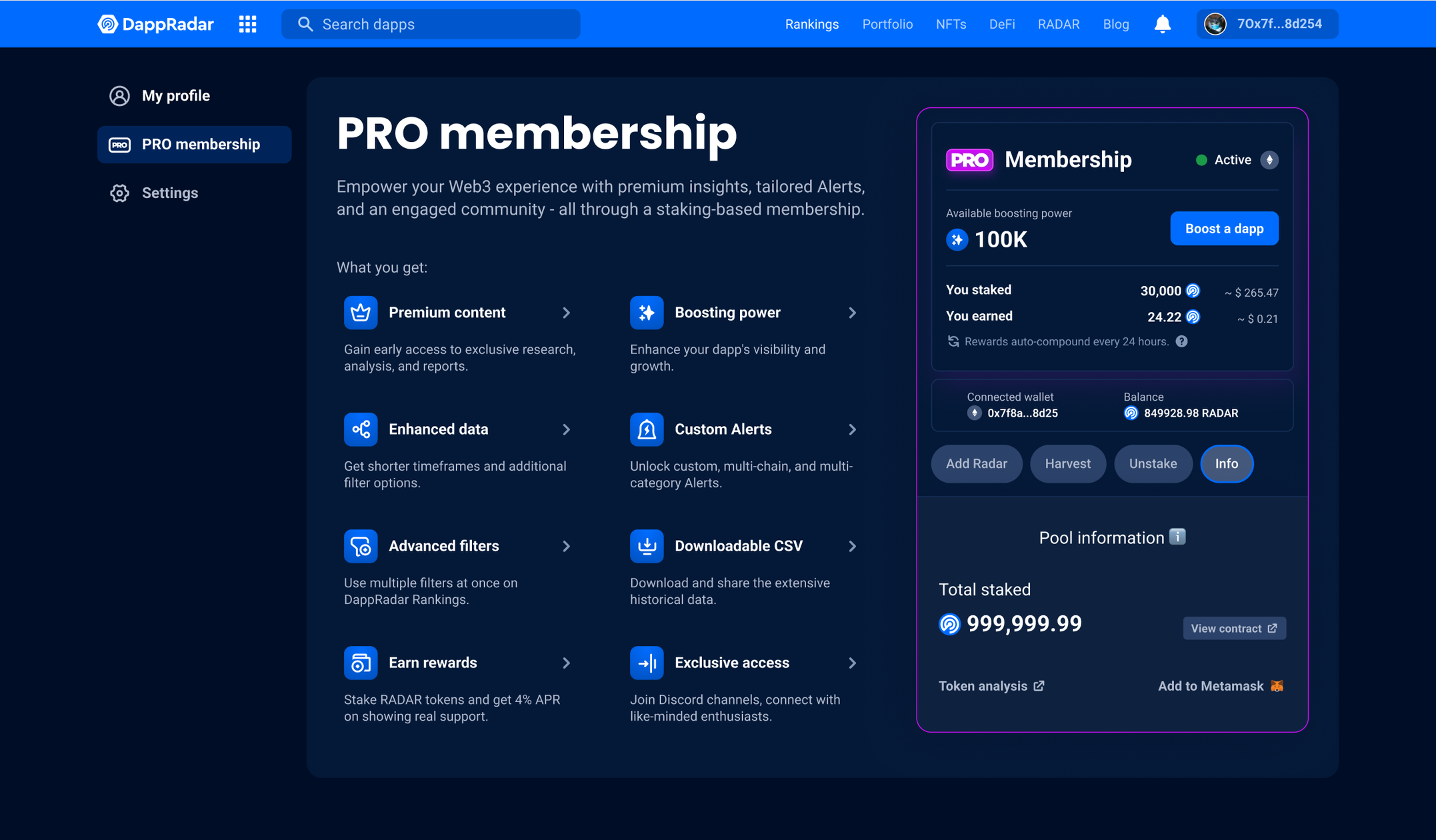 DappRadar PRO membership activated state