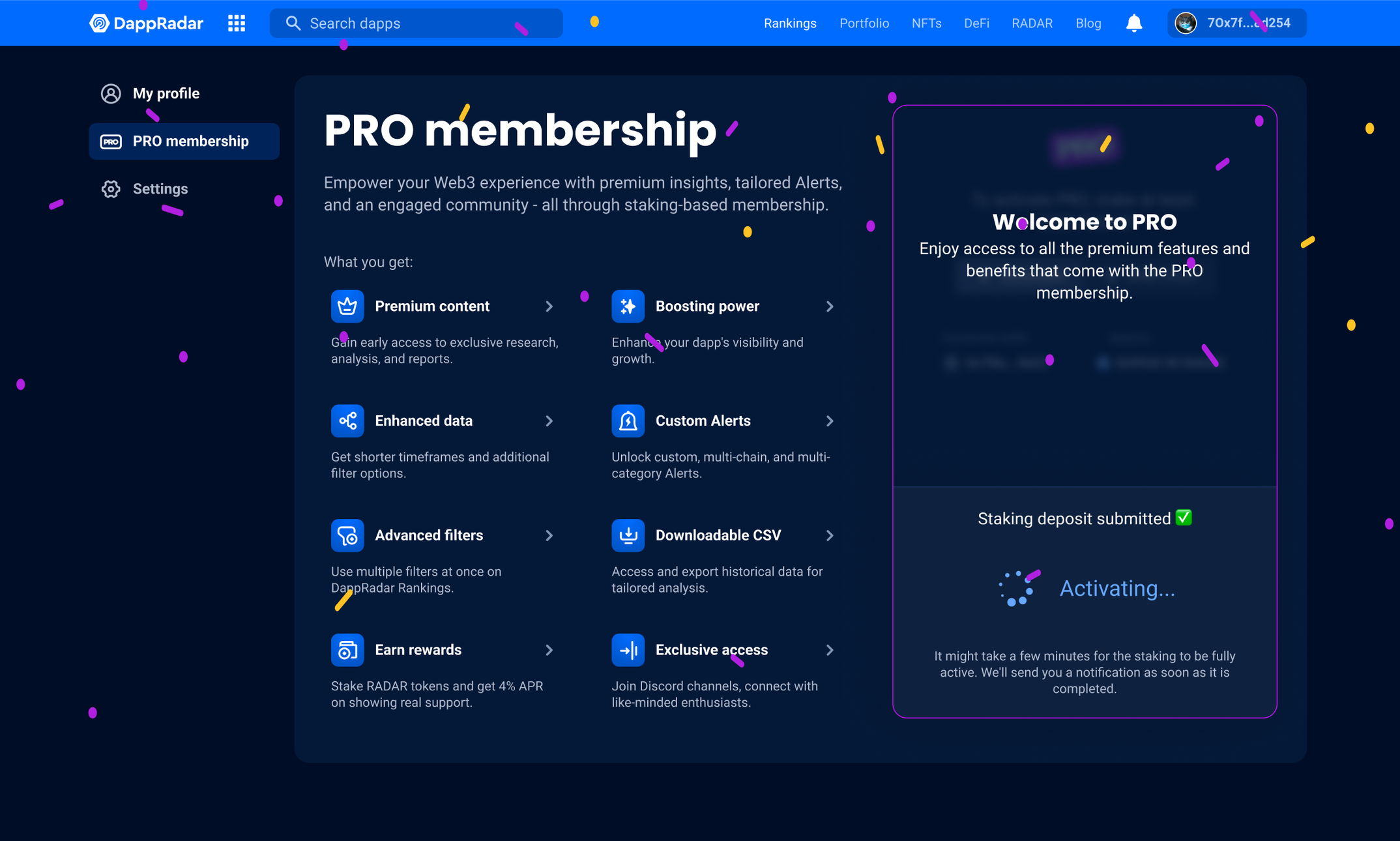 DappRadar PRO membership activation interface
