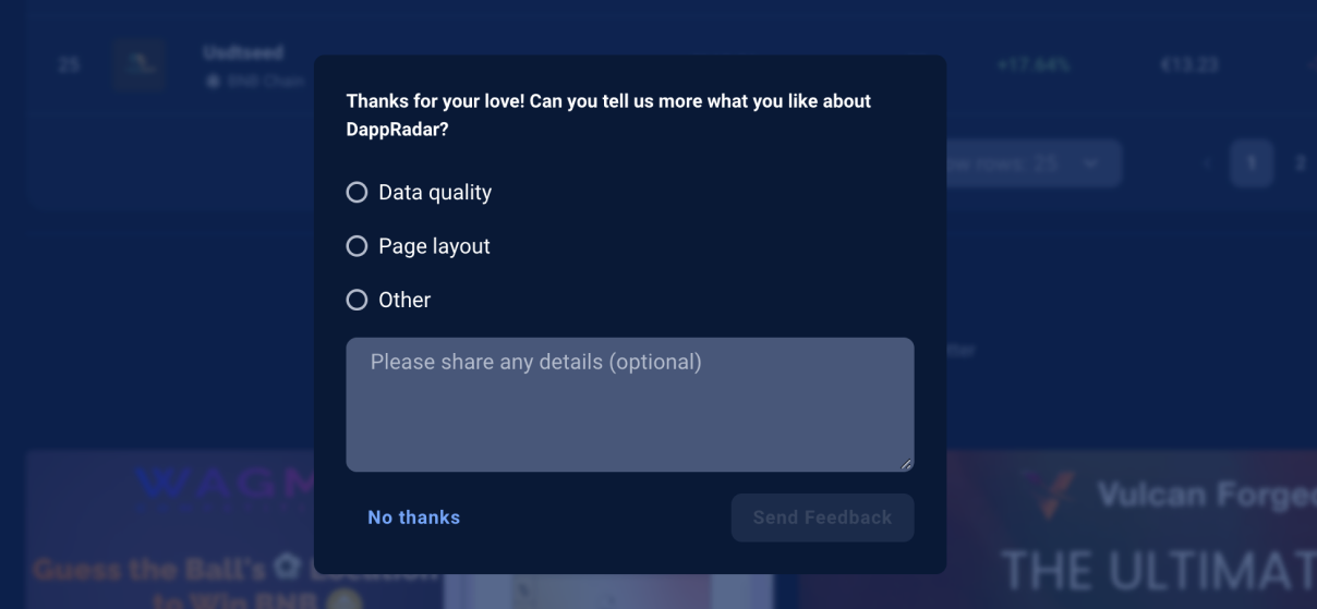 Feedback gathered inside the DappRadar product