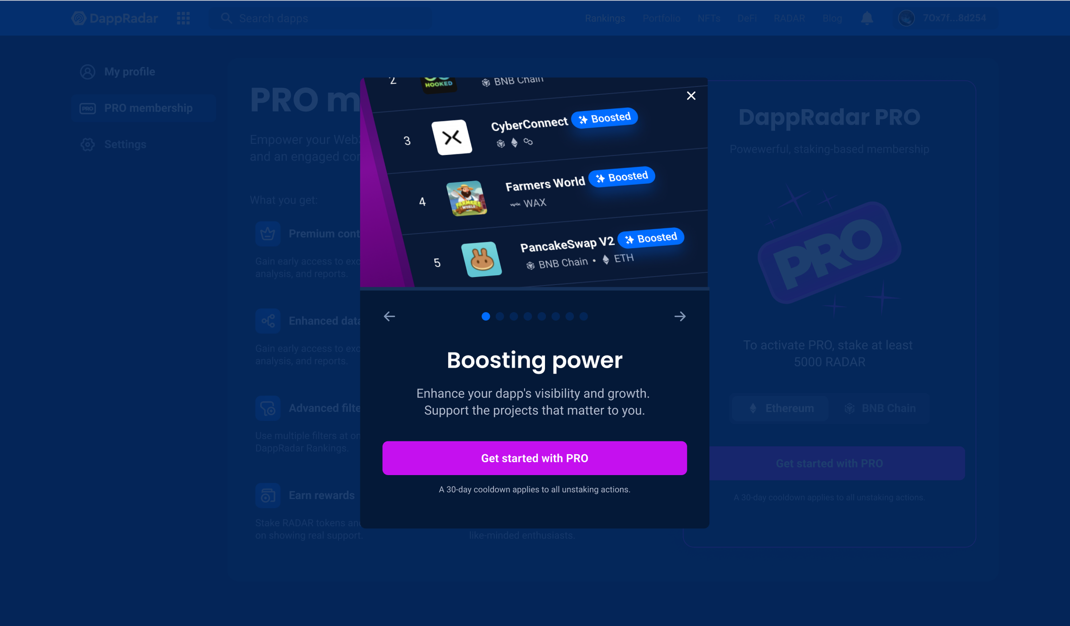 Modal explaining the benefits of DappRadar PRO membership