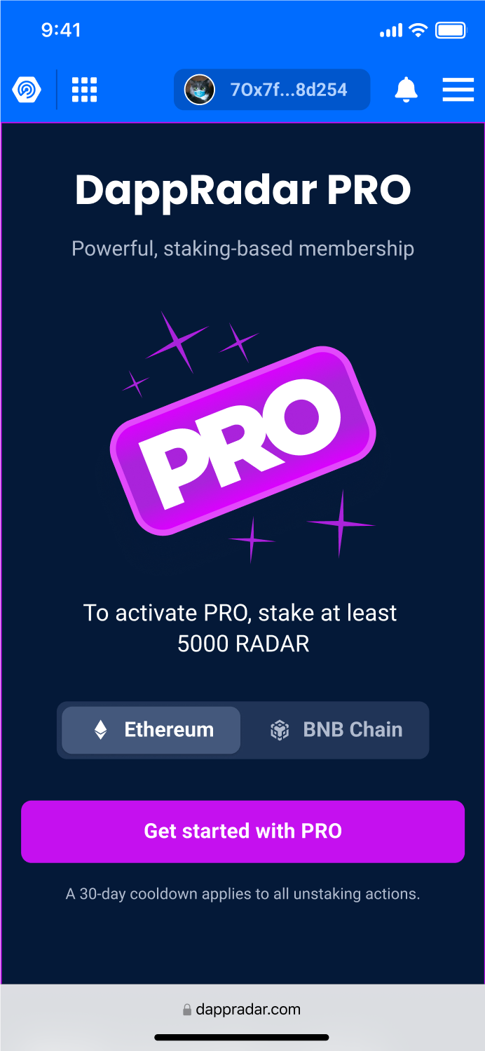 DappRadar PRO mobile membership activation screen