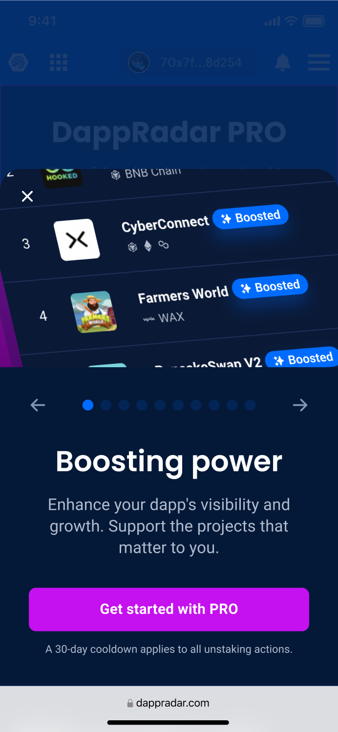 DappRadar PRO mobile boosting experience