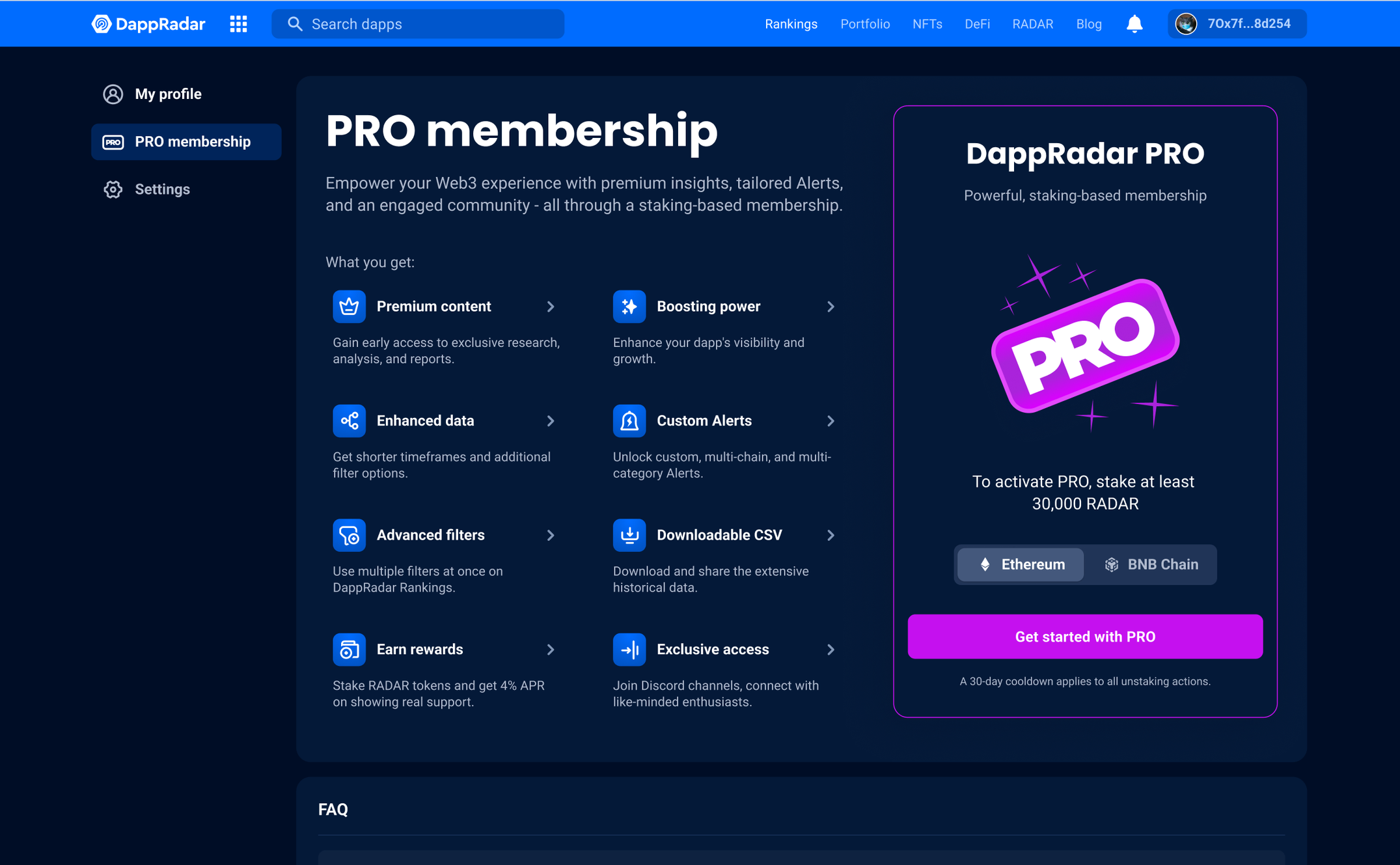 DappRadar PRO membership staking page