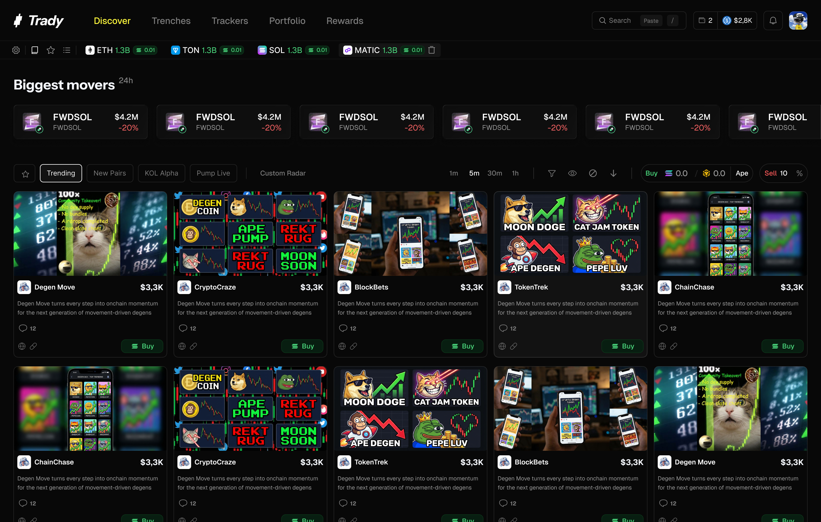 Trady Pump Live tab with a five-column grid of live token cards