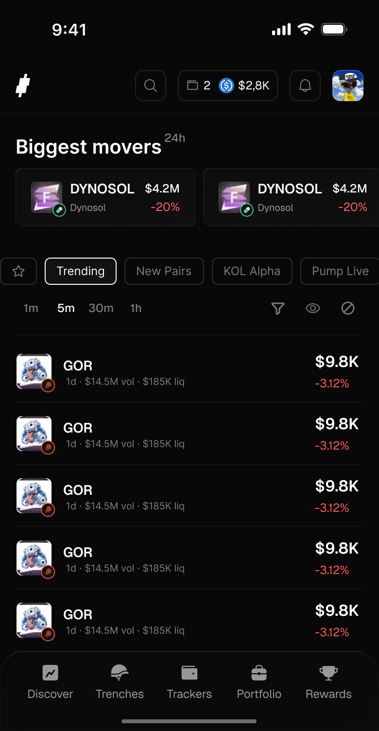 Trady mobile Discover feed with biggest movers and trending tokens