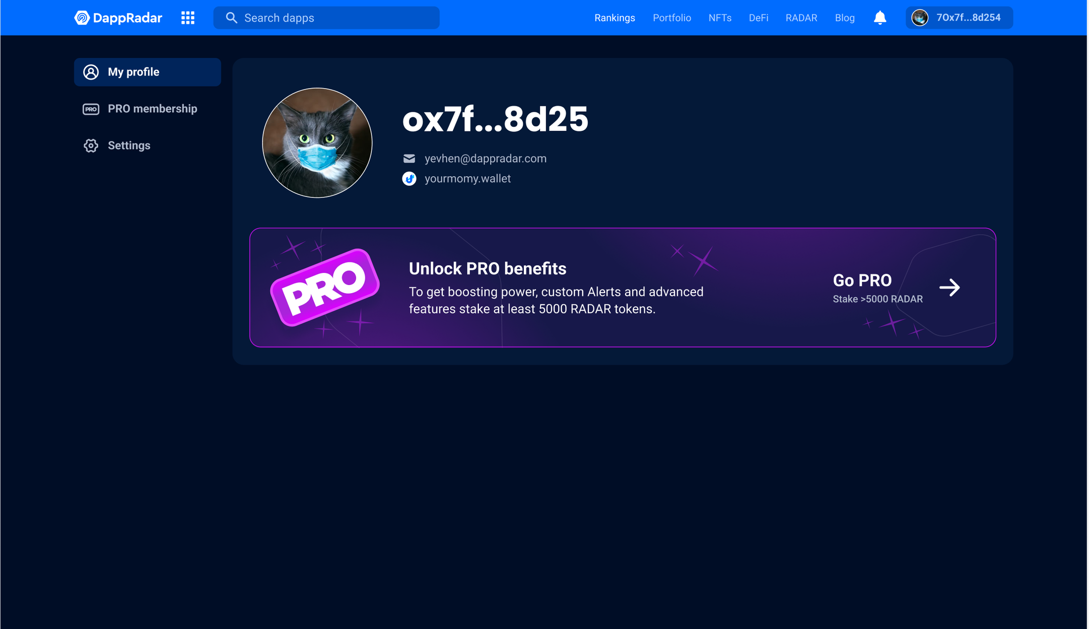 Updated DappRadar profile page with PRO membership entry point